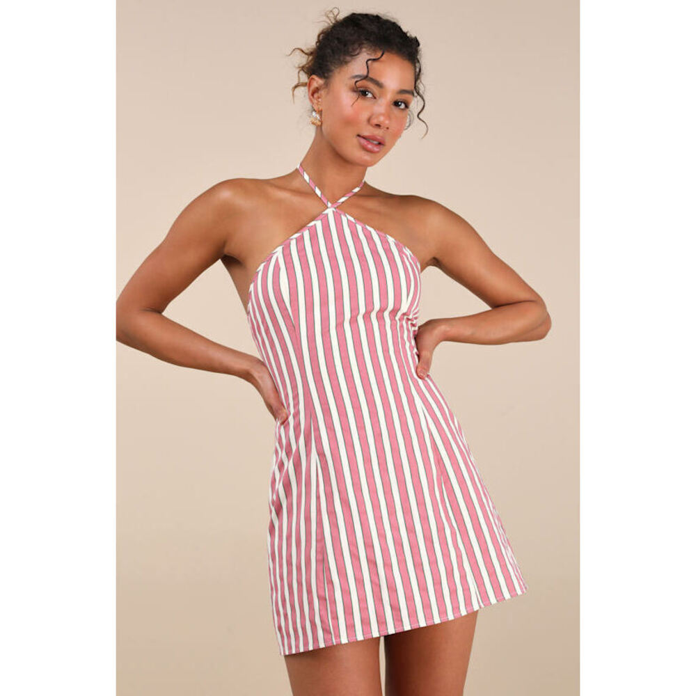 Lulus Madelia Pink Striped Halter Mini Dress - Size M